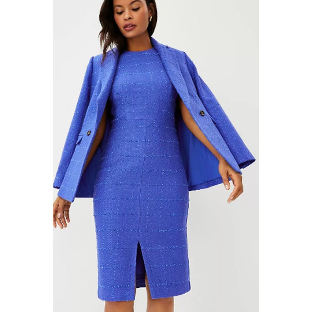 NEW Ann Taylor 8 Tweed Front Slit Sheath Dress Classic Career Blue WOT